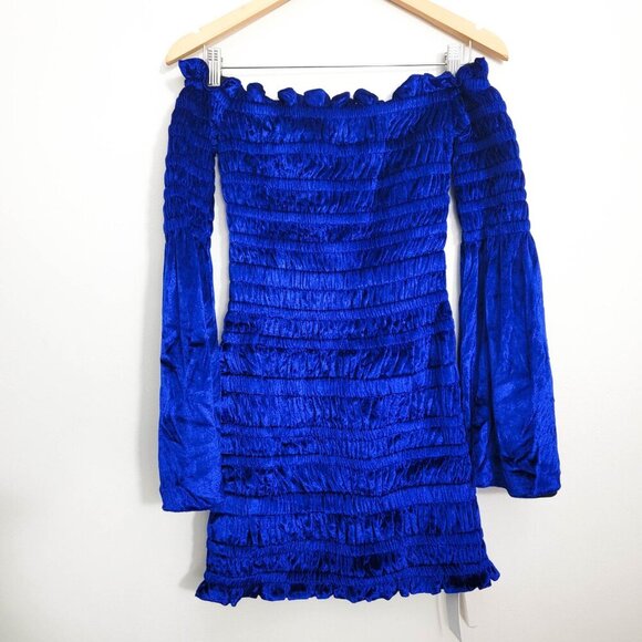 Area NYC Off the Shoulder Ruched Chenille Dress in Royal Blue XS NWT - Picture 3 of 9
